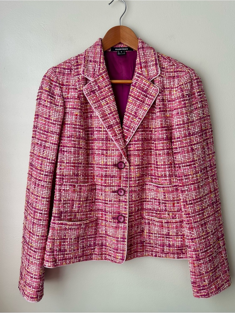 Ellen Tracy Pink & White Tweed Blazer with Gold Threading